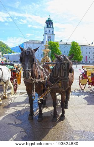Central place in Salzburg city with carriages and horses, Austria