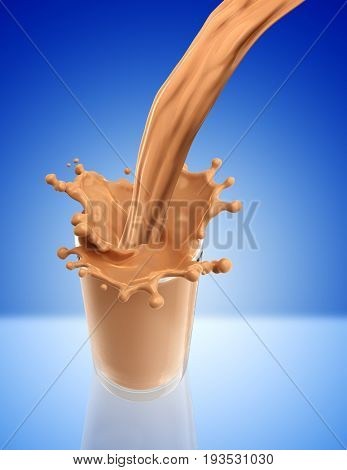 Splash of chocolate milk from the glass .Blue background. 3d rendering