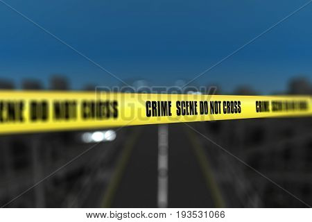 3D render of a crime scene tape against defocussed city background