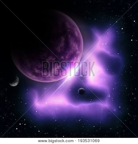 3D render of an abstract space scene with fictional planets