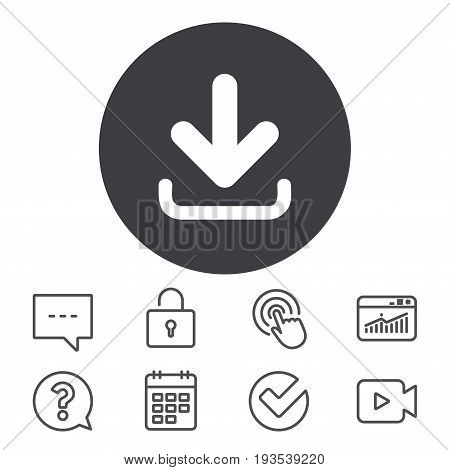 Download icon. Upload button. Load symbol. Calendar, Locker and Speech bubble line signs. Video camera, Statistics and Question icons. Vector