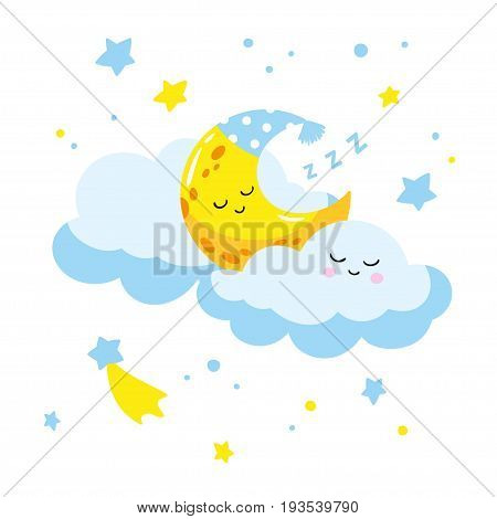 Cute cartoon crescent sleeping on a cloud. Vector illustration is suitable for greeting cards and prints on t-shirts.
