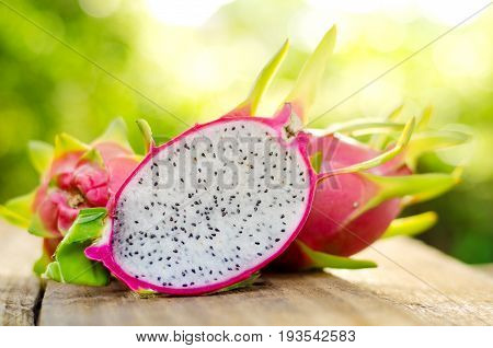 Close up dragon fruit slice on wood table and green nature background with sunlight