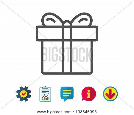 Gift box line icon. Present or Sale sign. Birthday Shopping symbol. Package in Gift Wrap. Report, Service and Information line signs. Download, Speech bubble icons. Editable stroke. Vector