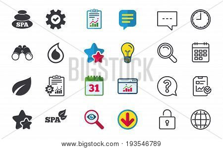 Spa stones icons. Water drop with leaf symbols. Natural tear sign. Chat, Report and Calendar signs. Stars, Statistics and Download icons. Question, Clock and Globe. Vector
