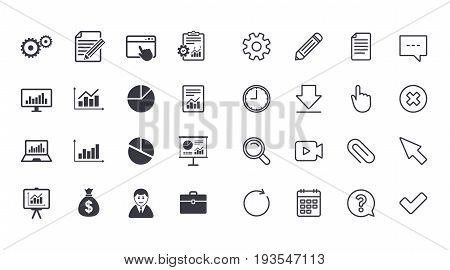 Set of Statistics, Accounting and Report icons. Charts, Presentation and Pie-chart signs. Analysis, Money bag and Business case symbols. Calendar, Document and Download line signs. Vector