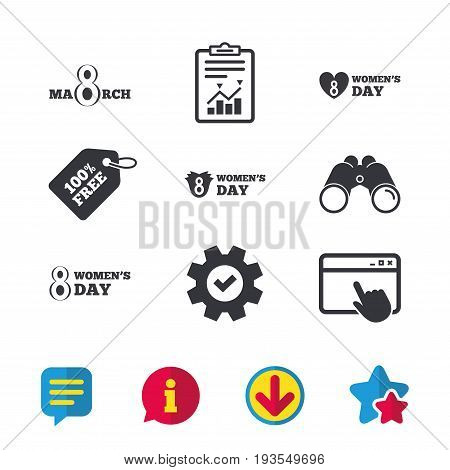 8 March Women's Day icons. Tulips or rose flowers bouquet and heart sign symbols. Browser window, Report and Service signs. Binoculars, Information and Download icons. Stars and Chat. Vector