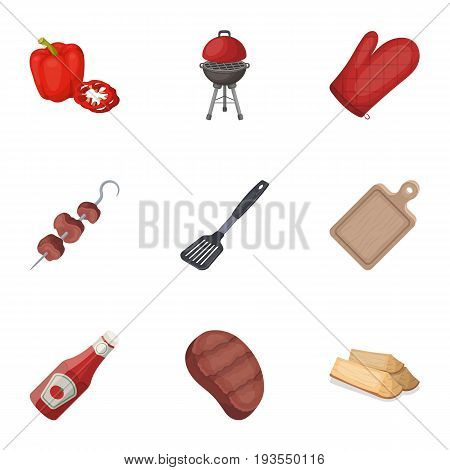 Meat, steak, firewood, grill, table and other accessories for barbecue.BBQ set collection icons in cartoon style vector symbol stock illustration .