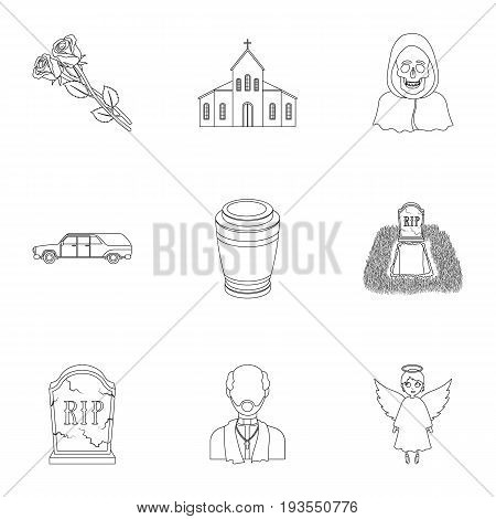Funeral ceremony, cemetery, coffins, priest.Funeral ceremony icon in set collection on outline style vector symbol stock web illustration.