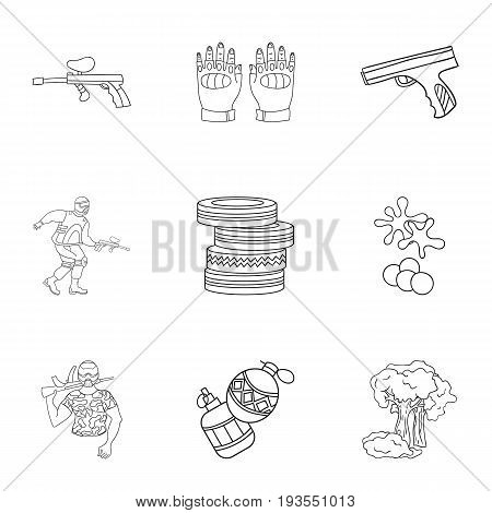 A collection of pictures about the game in paintball. The balloons with paint.Paintball icon in set collection on outline style vector symbol stock web illustration.