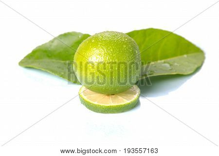 Lemon green leaf water drop isolated on white background with clipping path