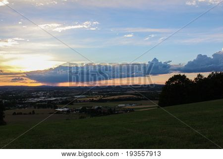 Panoramatic View On City Ceske Budejovice In Sunset