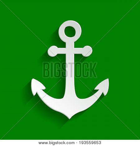 Anchor icon. Vector. Paper whitish icon with soft shadow on green background.