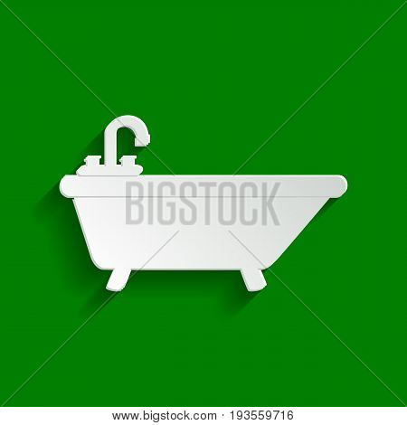 Bathtub sign illustration. Vector. Paper whitish icon with soft shadow on green background.