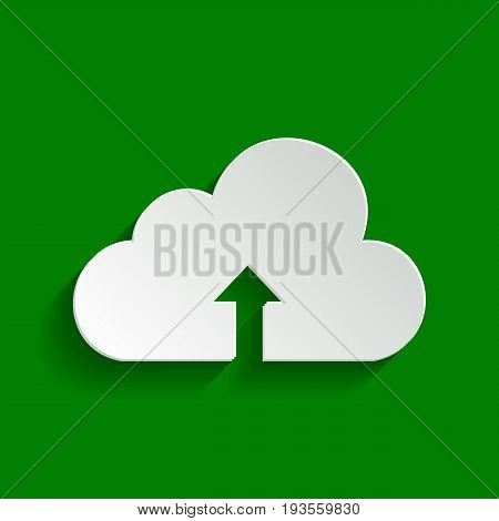 Cloud technology sign. Vector. Paper whitish icon with soft shadow on green background.