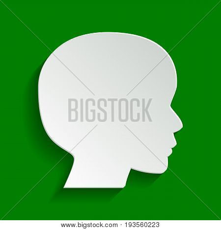 People head sign. Vector. Paper whitish icon with soft shadow on green background.