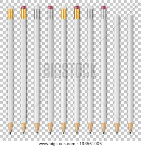 Realistic vector white wooden sharp pencil icon set isolated on transparent backgraund. Design tamplate mockup EPS10 illustration.