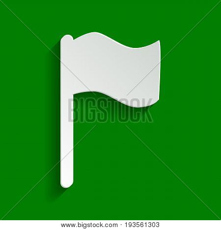 Flag sign illustration. Vector. Paper whitish icon with soft shadow on green background.