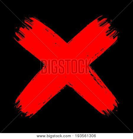 Vector grunge vintage brush stroke no decline sign. Red curved cross. Isolated check mark object on dark black background. Flat mark graphic design. Aggressive blood color symbol.