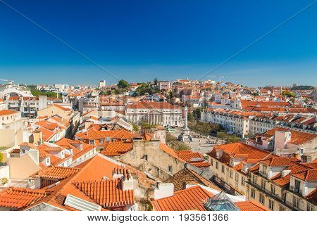 Lisbon skyline from Santa Justa Lift. Building in the centre is National Theatre D. Maria II on Rossio Square (Pedro IV Square) in Lisbon Portugal
