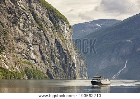 Norwegian fjord landscape. Storfjorden. Hellesylt Geiranger cruise travel. Tourism