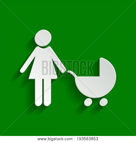 Family sign illustration. Vector. Paper whitish icon with soft shadow on green background.