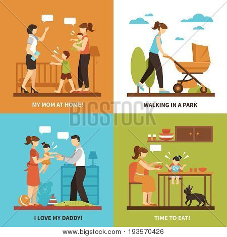 Nanny concept icons set with children and walking symbols flat isolated vector illustration