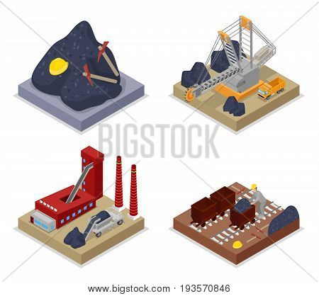 Isometric Coal Industry. Workers in Mine, Truck and Excavator. Vector flat 3d illustration