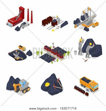 Isometric Coal Industry with Workers in Mine with Excavator, Miner and Equipment. Vector flat 3d illustration