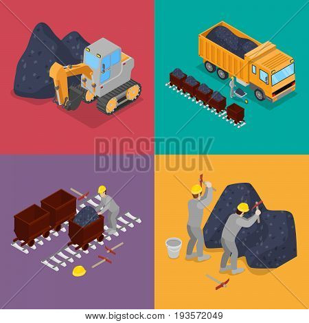 Isometric Coal Industry with Workers in Mine, Excavator  and Equipment. Vector flat 3d illustration