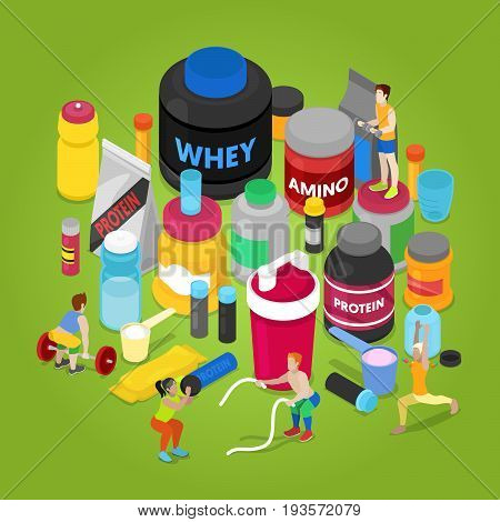 Isometric Sports Nutririon Elements with Supplements, Protein Bottle, Pills, Vitamins, Whey. People in Gym. Vector flat 3d illustration