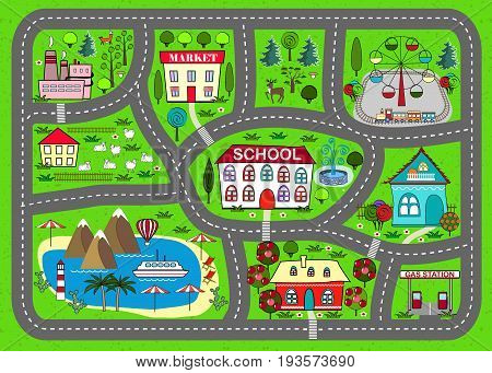Lovely city car track. Play mat for children activity and entertainment. Sunny city landscape with streets factory buildings farm and plants.