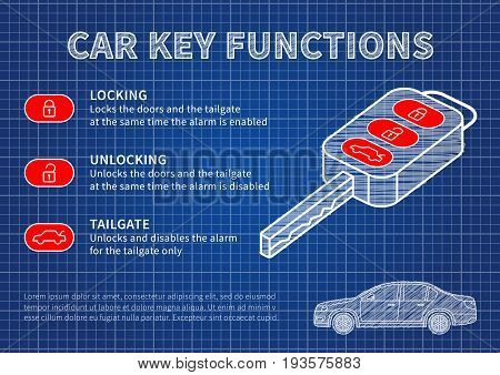Car key functions blue print vector illustration. Auto key features: locking unlocking tailgate creative concept.