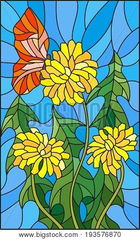 Illustration in stained glass style flower of Taraxacum and butterfly on a blue background