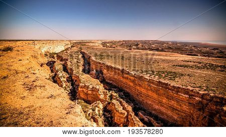 Panorama view to Aral sea from the rim of Plateau Ustyurt near Aktumsuk cape at Karakalpakstan, Uzbekistan