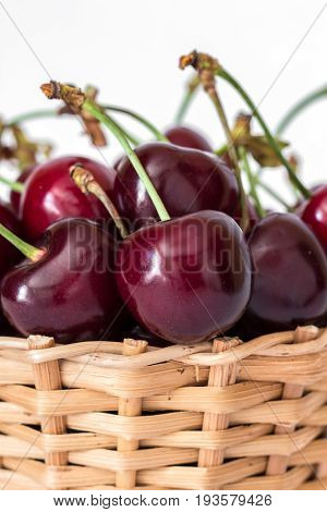 Full basket of red cherries on a stem close up macro