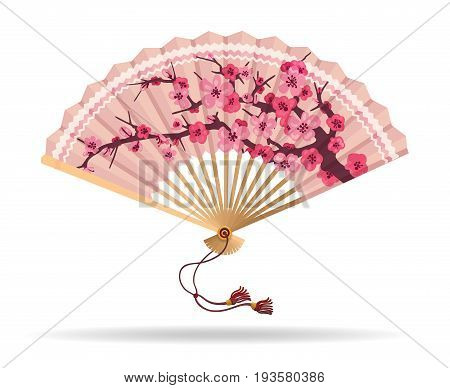 Japan cherry blossom folding fan vector illustration. Japanese fan with sakura branch pattern, geisha souvenir isolated on white