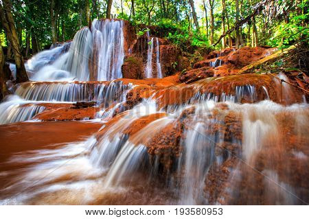 Beautiful Waterfall In Deep Forest, Pa Wai Waterfall In Tropical Rain Forest, Khirirat, Phop Phra, T