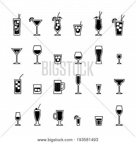 Alcoholic drinks and cocktails black and whiteicons set. Vector illustration