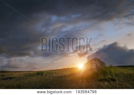 Sunset in the steppe a beautiful evening sky with clouds plato Ukok no one around Altai Siberia Russia