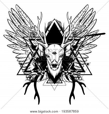 Hand drawn beautiful hand sketched deerwith tree eyes and wings. Alchemy religion spirituality occultism tattoo art coloring books. Template for card poster banner print for t-shirt.