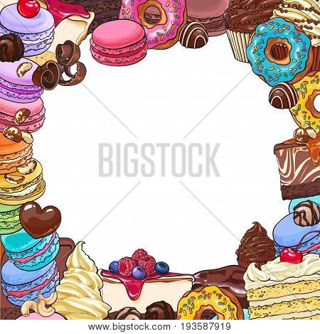 Square frame of desserts and pastries with round place for text, sketch vector illustration isolated on white background. Square banner, postacard, label template with desserts, sweets and pastries