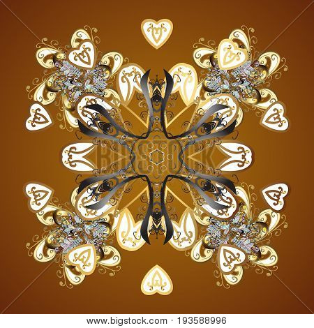 Stock Vector Illustration Falling Snow. Golden Snowflakes Snowfall Stylized Snow On Brown Background