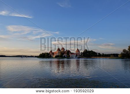 Trakai Castle - Island castle in Trakai is one of the most popular tourist destinations in Lithuania, houses a museum and a cultural centre. Lithuania,old capital Trakai. Sunset in Trakai, Lithuania