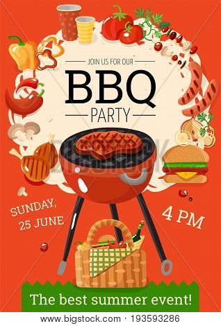 Summer bbq party announcement poster with grill basket barbecue accessories food drinks orange background flat vector illustration