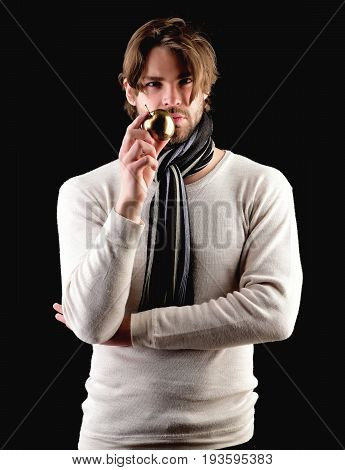 Macho Man With Stylish Beard And Haircut Wearing Warm Scarf