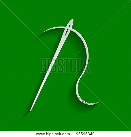 Needle with thread. Sewing needle, needle for sewing. Vector. Paper whitish icon with soft shadow on green background.
