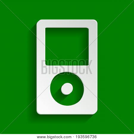 Portable music device. Vector. Paper whitish icon with soft shadow on green background.