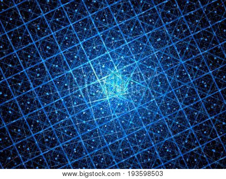 Blue glowing quantum computer with grid computer generated abstract background 3D rendering