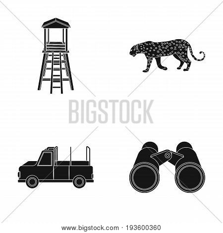 Observation tower for the hunter, leopard, hunting machine, binoculars. African safari set collection icons in black style vector symbol stock illustration .
